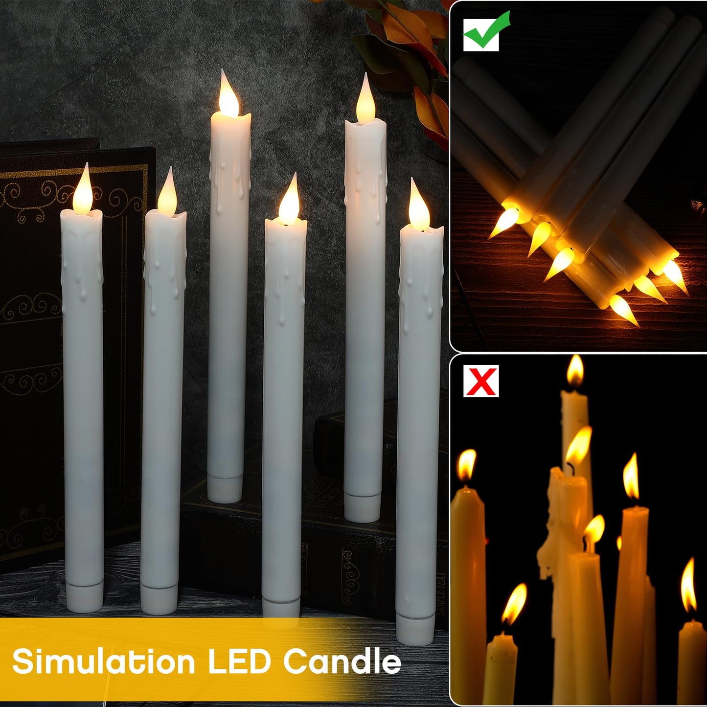 Baquler 50 Pcs 10 Inch White Flameless Taper Candles Dripless Battery Operated LED Flickering Candlesticks Window Candle with 3D Flickering Flame for Wedding Spring Summer Decor