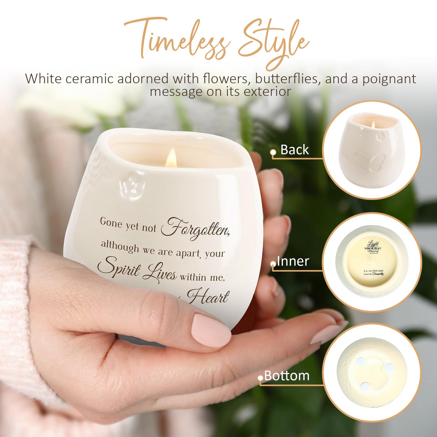 Pavilion - 8 Oz Candle Holder - White Ceramic Candle Jar with 100% Soy Wax Candle Tranquility Scent Gone Yet Not Forgotten Ideal Remembrance Gift for Love One Who Passed - Printed Text & Love Theme