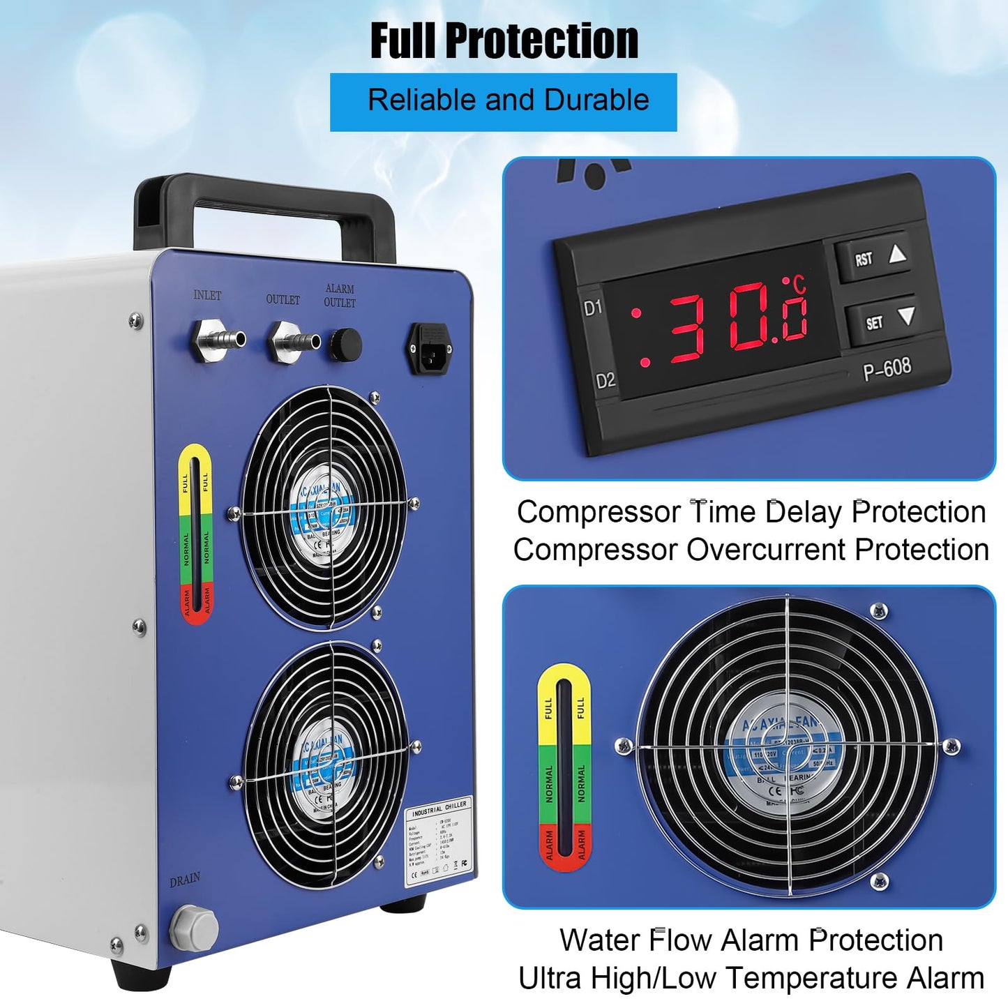 6L Industrial Water Chiller CW-5200, 0.9HP 2.6gpm Water Cooling System for 50W-150W, CO2 Laser Engraving & Cutting Machines, Cools 5200 BTU/Hour