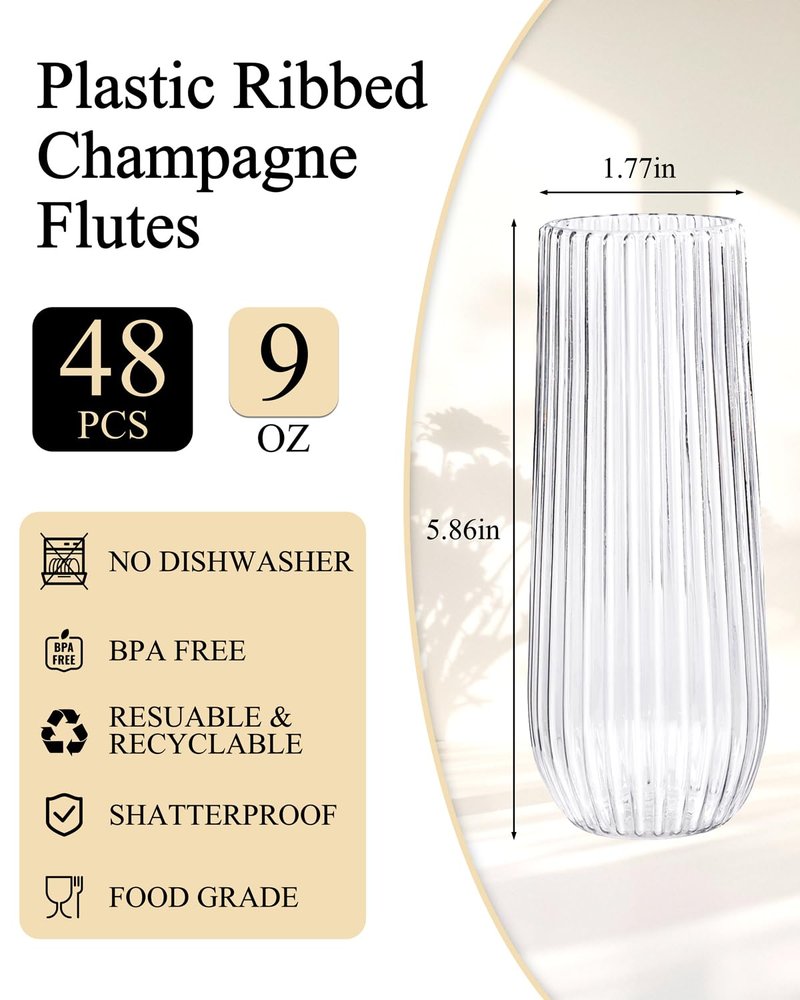 Ciaell 48PCS Plastic Ribbed Champagne Flutes - 9oz Clear Plastic Champagne Glasses - BPA-Free Disposable Shatterproof Toasting Glasses for Weddings, Party, Catering