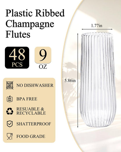 Ciaell 48PCS Plastic Ribbed Champagne Flutes - 9oz Clear Plastic Champagne Glasses - BPA-Free Disposable Shatterproof Toasting Glasses for Weddings, Party, Catering