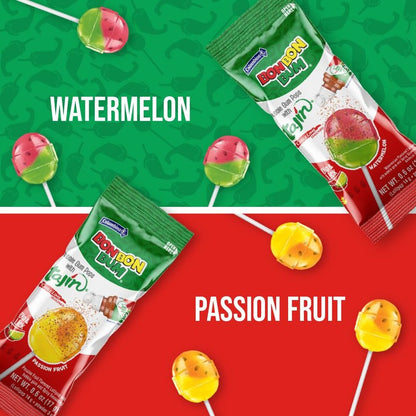 Colombina Bon Bon Bum Tajin Tropical Passion Fruit & Watermelon with Tajin Chile Lime Dip Dispenser, 30 Count (Pack of 1)