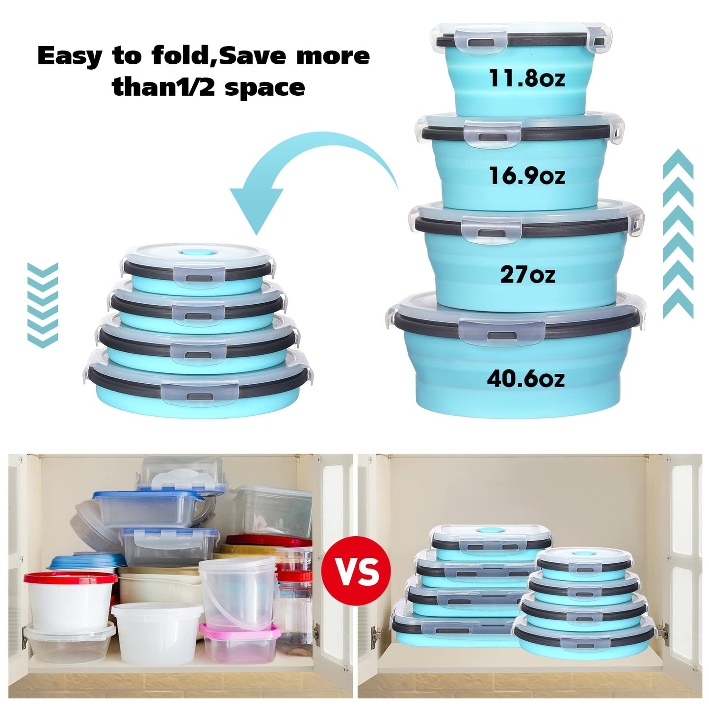 Zopeal 8 Pcs Collapsible Food Storage Containers Foldable Silicone Lunch Containers with Lids 4 Silicone Rectangle Collapsible Bowls and 4 Round Food Bowls Microwave Freezer Dishwasher Safe (Blue)