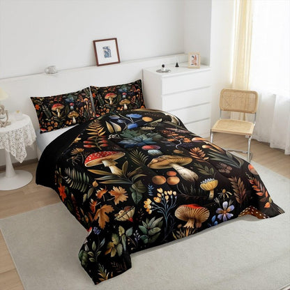 Feelyou Wild Mushroom Bed Comforters Set Twin Size,Burgundy Plant Fallen Leaves Super Soft Microfiber Bedding Set for Girls Boys,Botanical Plant Decorative Comforter Set,1 Pillowcase