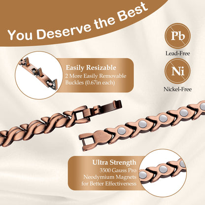 Feraco Copper Bracelet for Women 99.99% Solid Copper Magnetic Bracelets, Unique X Shape Links, Magnetic Field Therapy Jewelry Gifts (Fishtail + Ring)