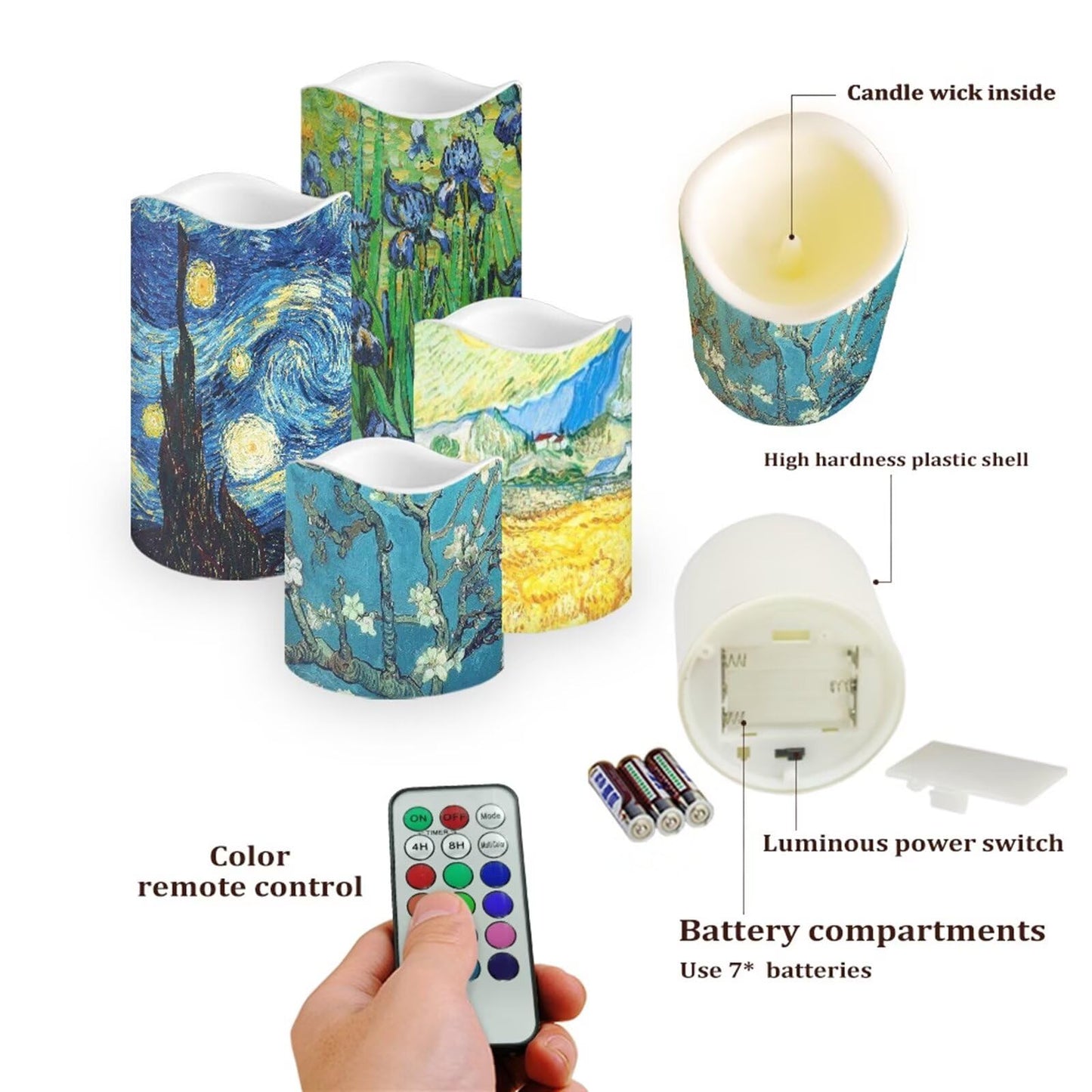Ystardream Van Gogh Starry Night Flameless Candles Plastic Moving Flickering LED Candles with Remote Color Changing & Timer,4 Packs