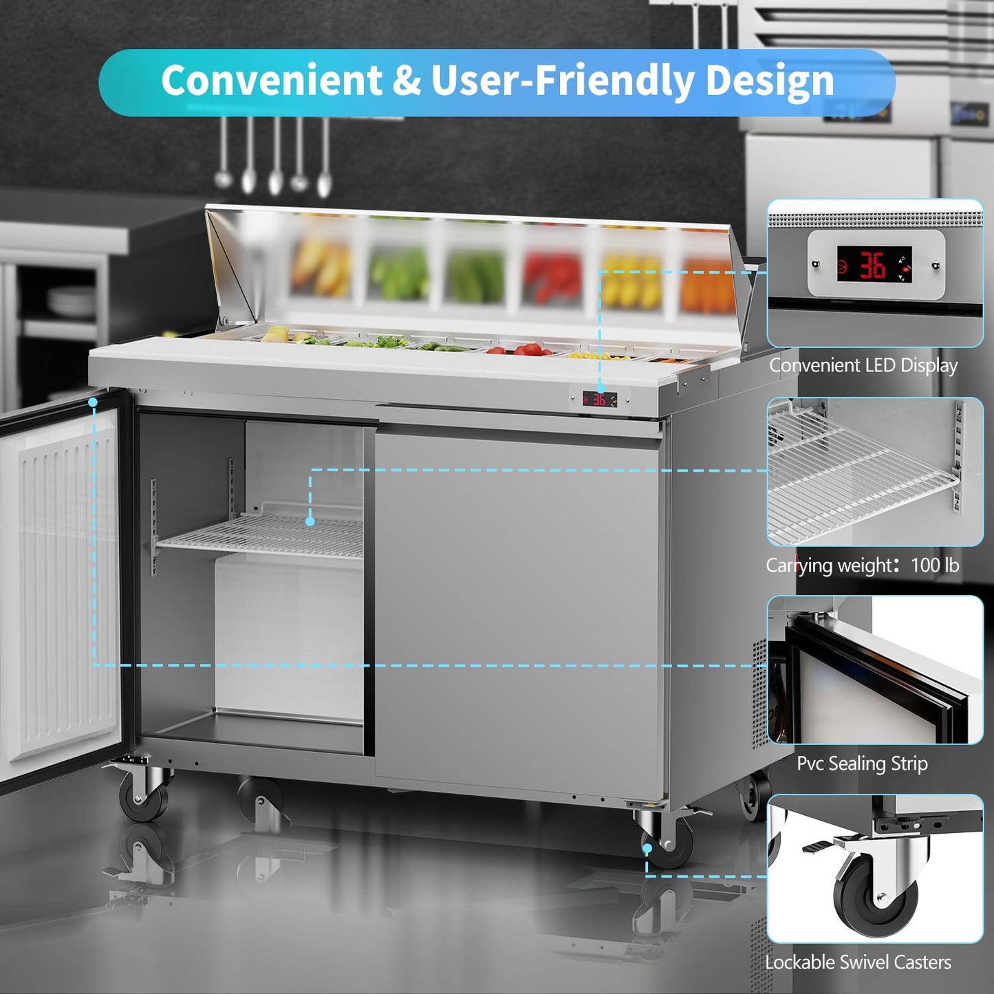 LCEKY 48" W Sandwich Salad Prep Table Refrigerator Commercial Refrigerator with 12 Pans Stainless Steel Fan Cooling Kitchen Equipment