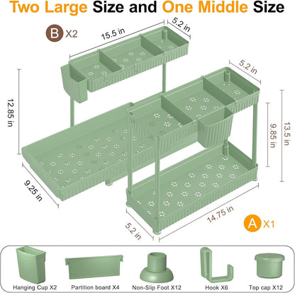 Sevenblue Multi-Purpose Under Sink Organizers - L-Shaped Pull-Out Cabinet Storage for Bathroom & Kitchen | Green, 12.85 Inch