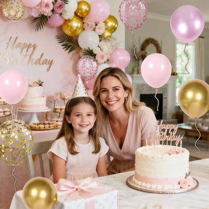 Pink Gold Balloons Set, 12 Inch Pink White Latex Balloons Pink Confetti Helium Balloons Pink and Metallic Gold Party Balloons for Bridal Baby Shower Wedding Girl Women Birthday Decorations