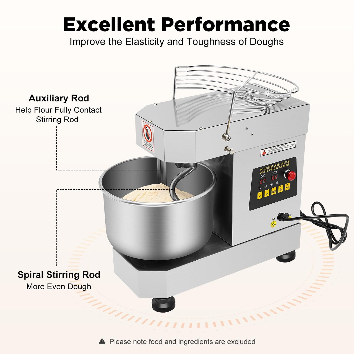 10L/2.6 Gal Commercial Food Mixer, 750W 110V Electric Spiral Mixer Rotation Speed 100/200R/Min Waterproof Level IPX1, Dough Kneading Machine for Dough, Salad, Cream