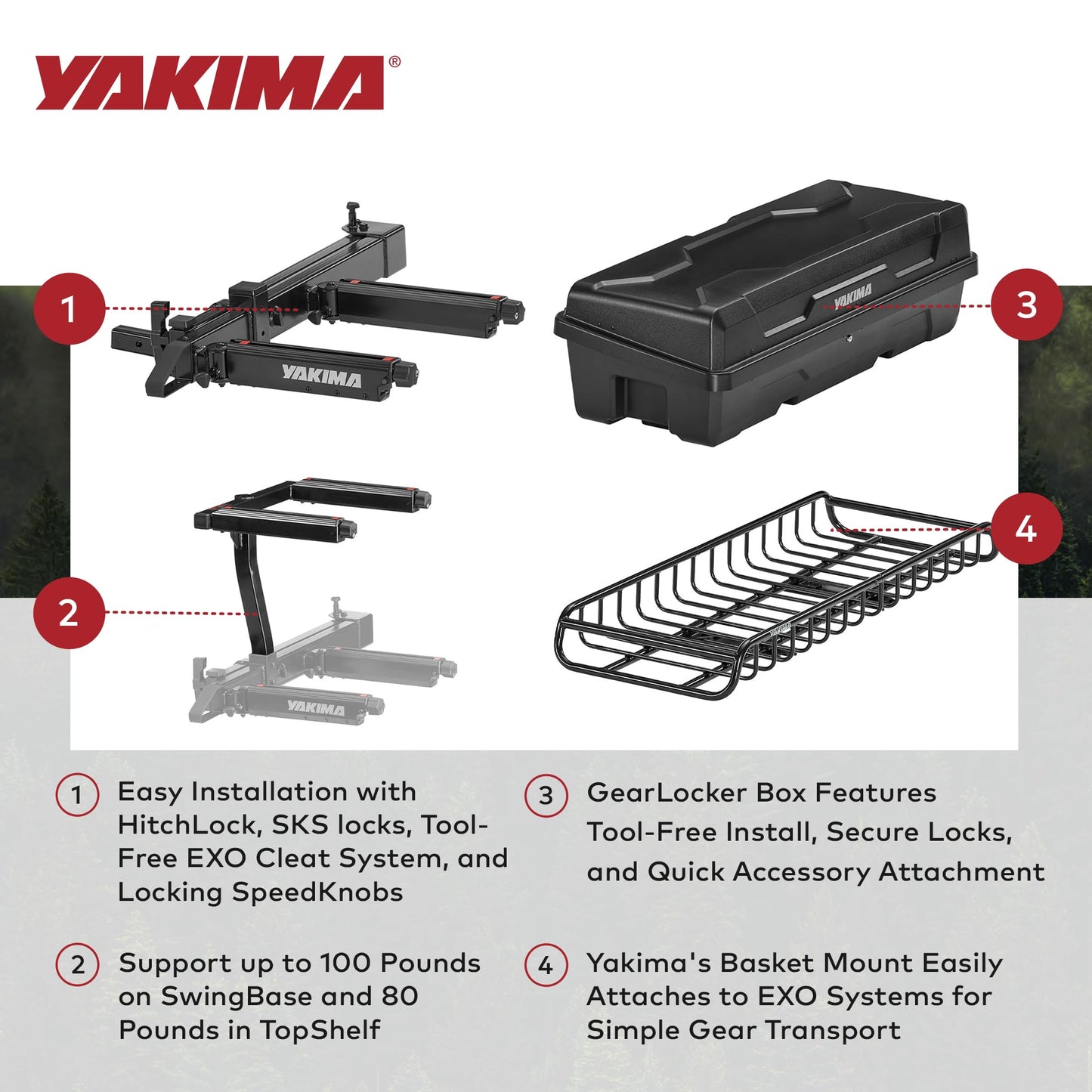 Yakima EXO SwingBase Hitch Rack Bundled with EXO GearLocker Rooftop Box, EXO TopShelf Hitch Base Rack Storage, and EXO GearWarrior Basket Mount, Black