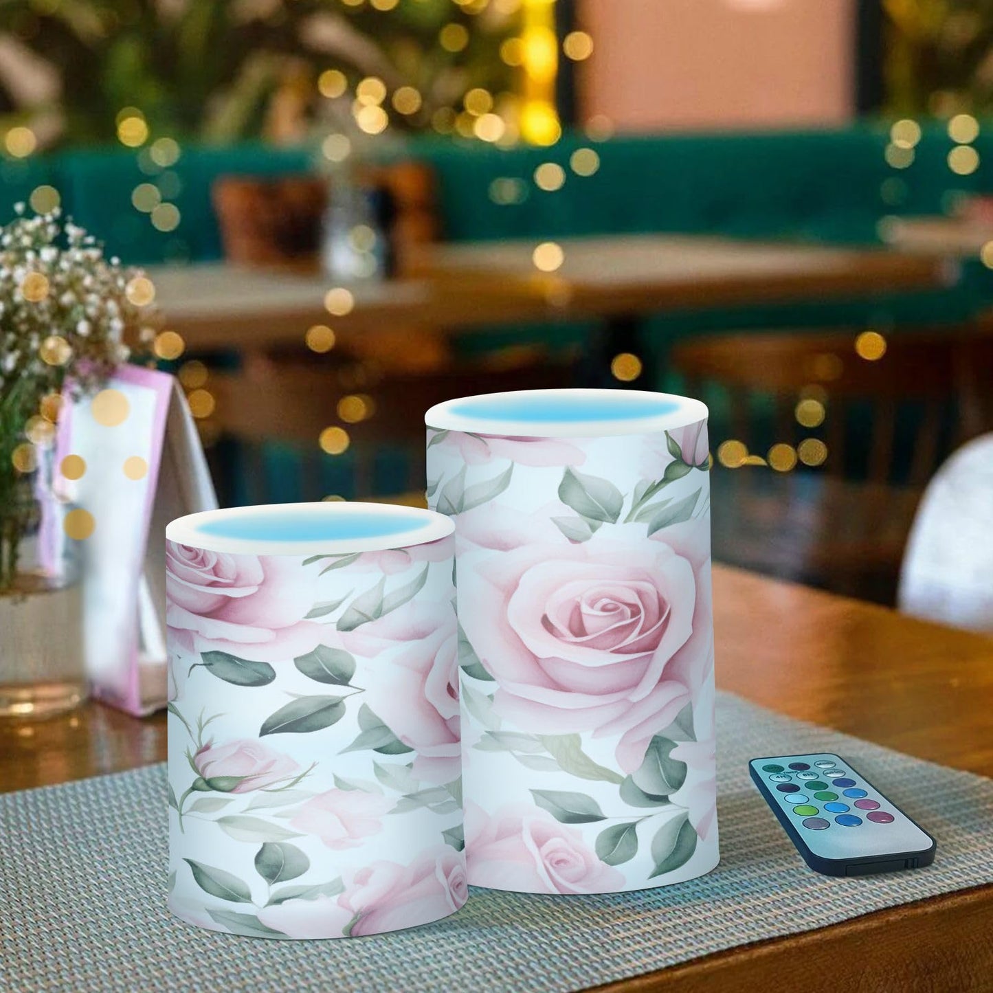 ALAZA Pink Rose Flowers Flickering Flameless Candles Battery Operated with Remote Timer,Tea Light Candles LED Pillar Votive Candles Set of 2 for Outdoor Indoor Decorations