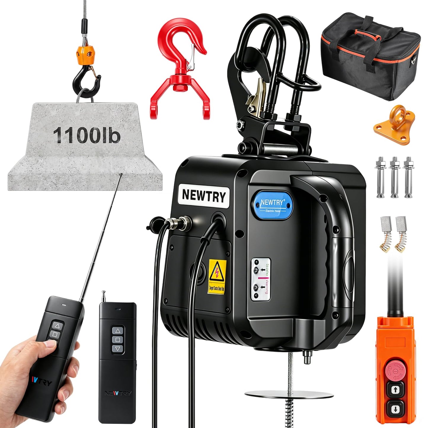 NEWTRY Electric Hoist PRO with Single/Double Hook, 1100lb Electric Winch 110v 120v, 2 Wireless Remote Control & Cable Remote Control for Garage, Warehouse, Factory