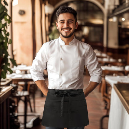 NLUS 2 Pack Server Apron with 8 Pockets, Water-Resistant Waiter Waitress Waist Half Apron for Women Men, 12 x 24 Inch - Black