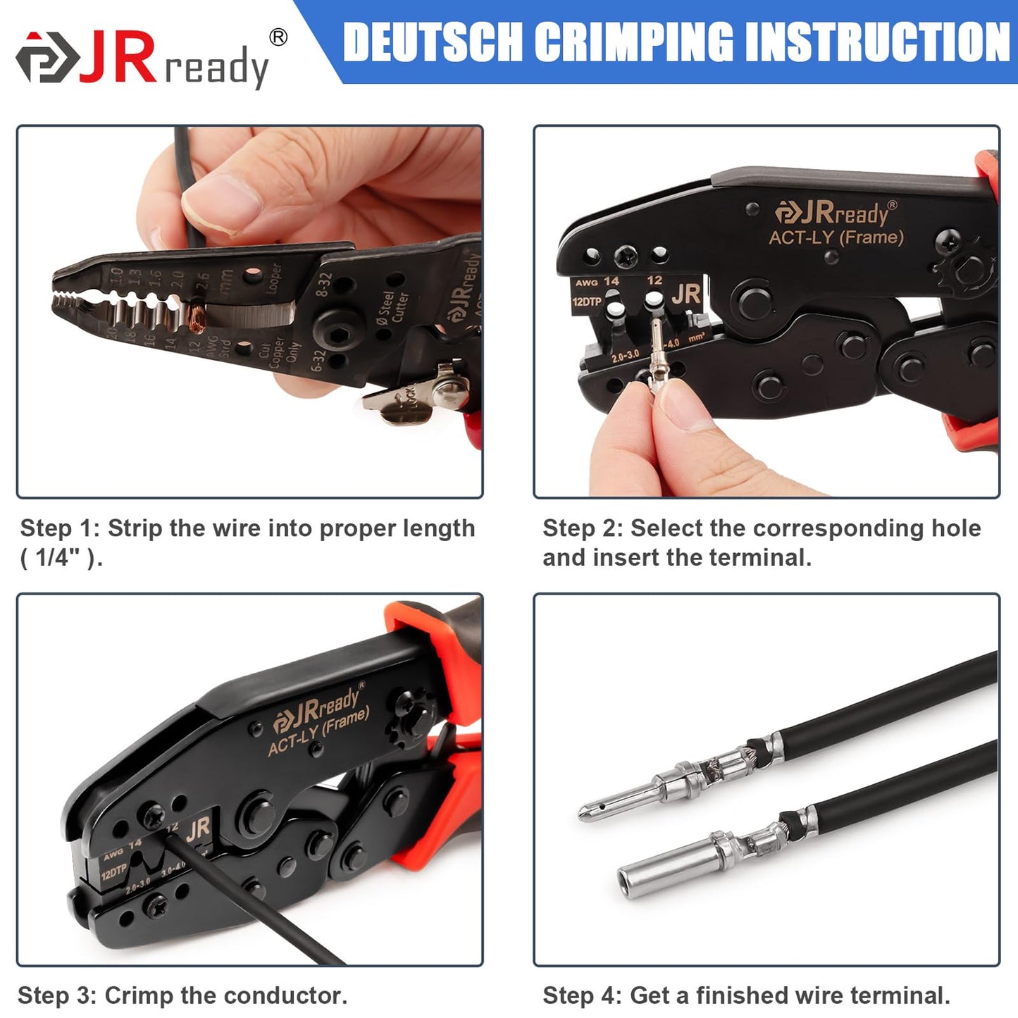 JRready ST6337 Deutsch DTP Connector Kit with Crimper, 2 4 Pin Waterproof Connectors 10 Sets with Ratcheting Terminal Crimping Tool, Size 12 Stamped Contacts 14-12 AWG, Deutsch Pin Removal Tool