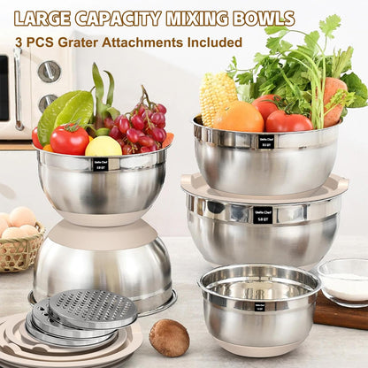 Umite Chef Mixing Bowls Set - 8PCS Stainless Steel Nesting Bowls with Airtight Lids & Grater | Non-Slip Bottoms, Khaki, 1.5QT to 5QT