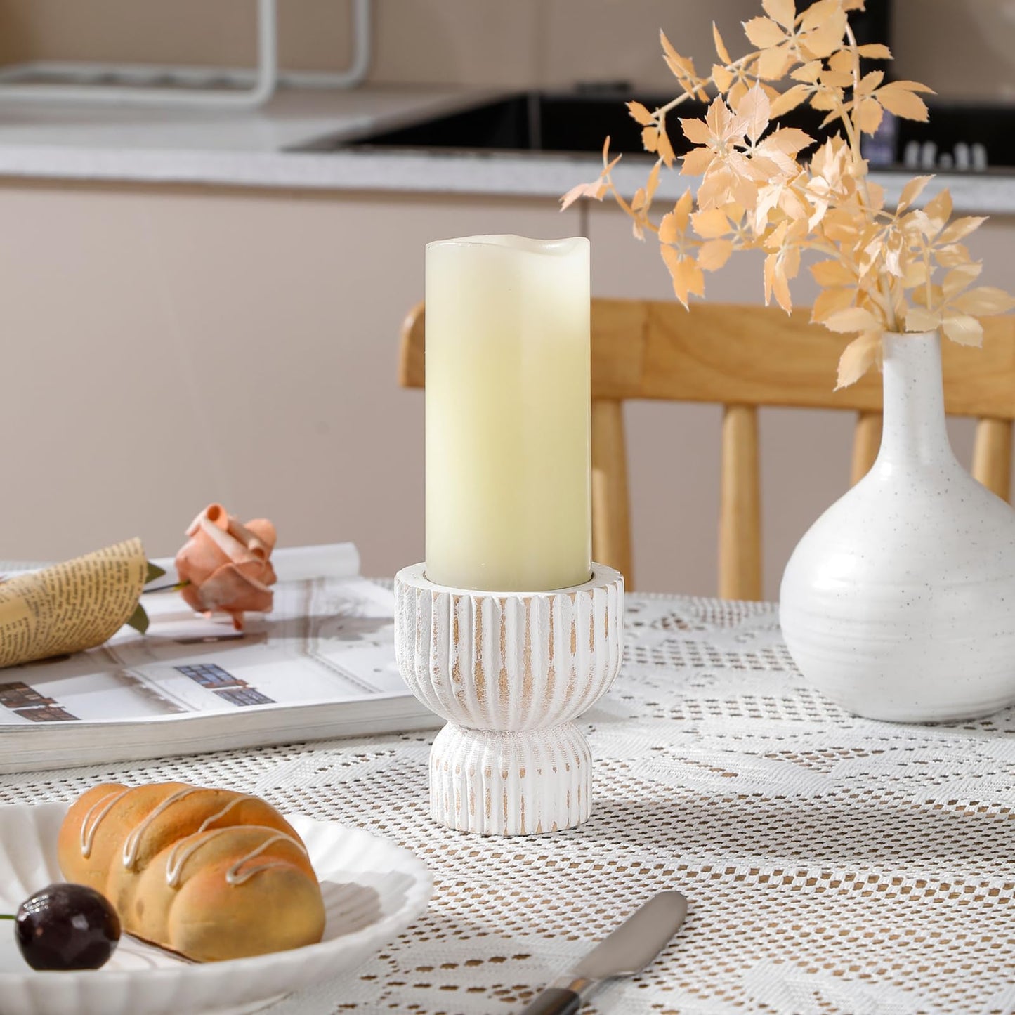TRENDIN Reversible Rustic Pillar Candle Holders Set of 2, Distressed White Wood Candle Stand Set for Table, Fluted Farmhouse Wooden Candlestick Holders for Fireplace Mantel, Dining Room Decor