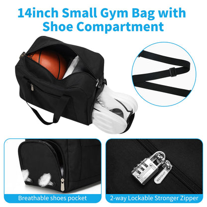 Apenze Small Gym Bag 14 inch lightweight Carry On Mini Duffel Bag with Shoe Compartment for Travel Sport - Black