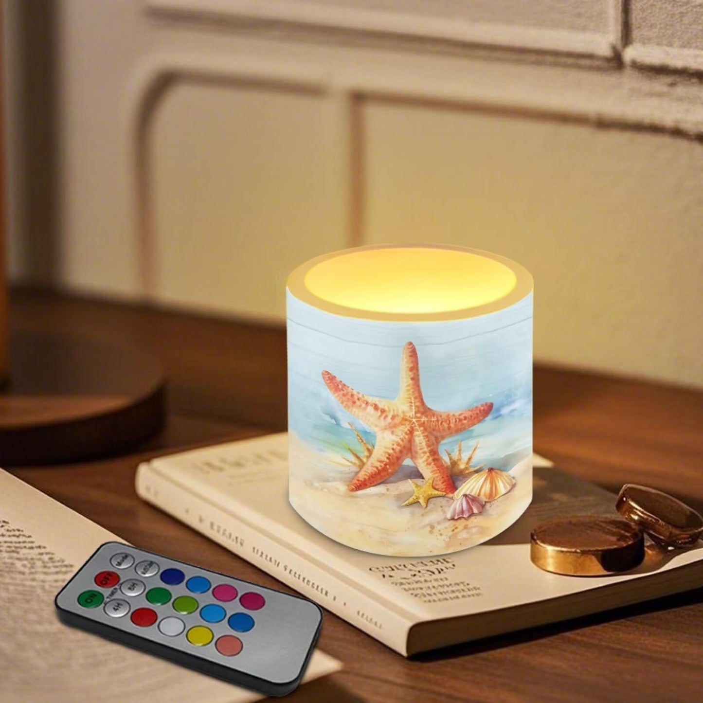 NETILGEN Beach Starfish Print 4 Pieces Flameless Candles with Remote Timer with Battery Operated 3 inch Realistic Flickering Flameless LED Candles Beach Party Decor