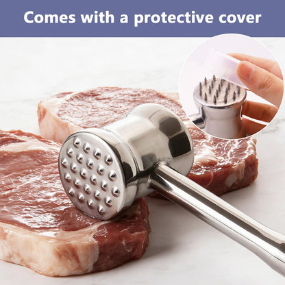 Dual-Sided 2-in-1 Stainless Steel Meat Tenderizer Tool, Meat Mallet Hammer with Meat Tenderizer Needles, Professional Kitchen Tool for Tenderizing Steak, Chicken and Beef, Easy-Grip Easy to Clean