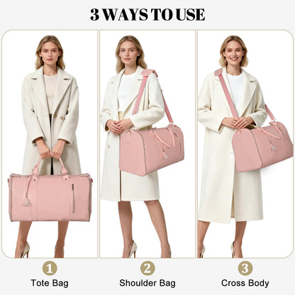 Geestock Convertible Garment Duffle Bags for Travel, Carry On Garment Bag with Shoe Pouch & Shoulder Strap - PU Leather Foldable Travel Duffle Bags 2 in 1 Hanging Dress Suitcase Suit Bag, Pink