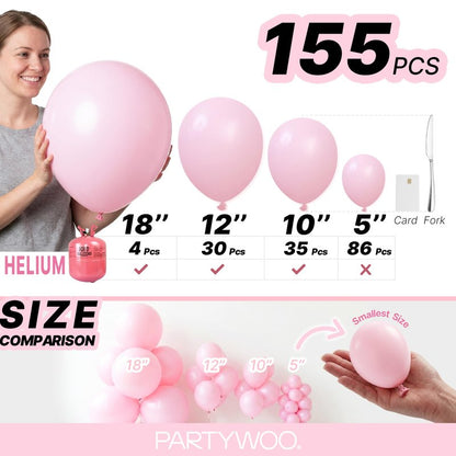 PartyWoo Light Pink Balloons 155pcs Different Sizes of 18 12 10 5 Inch Pastel Pale Baby Pink Balloon Arch Kit Garland for Baby Shower Bachelorette Bridal Shower Birthday Party Decorations Pink-Y48