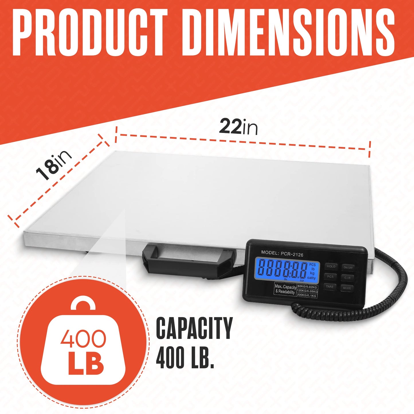 Houseables Shipping Scale, Platform Scale, Industrial, Heavy Duty, 400 LB, Weight Machine for Luggage, Packages, Postal, Floor, Commercial, Package, Business, Weighing, Large Platform, Digital, 22x18