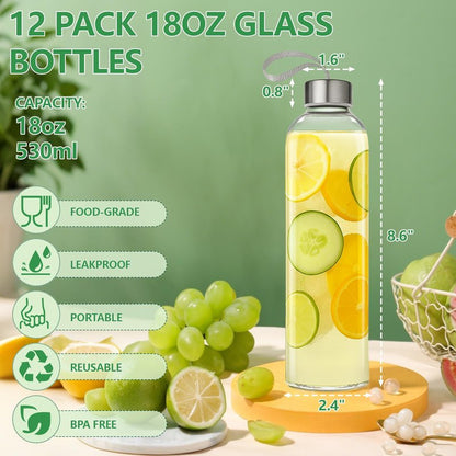 UPBUD 12 Pack 18oz Glass Bottles with Lids Carry Strap for Juicing, Reusable Clear Glass Water Bottle with Stainless Steel Airtight Cap for Refrigerator, 100% Leak Proof, BPA Free Drinking Jar