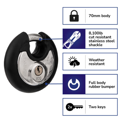BRINKS Heavy Duty Padlock with Key - 70mm Discus Keyed Lock for Storage Shed, Garage, Storage Lockers, Sliding Doors, Tool Box, and Cabinets, 4 Pack