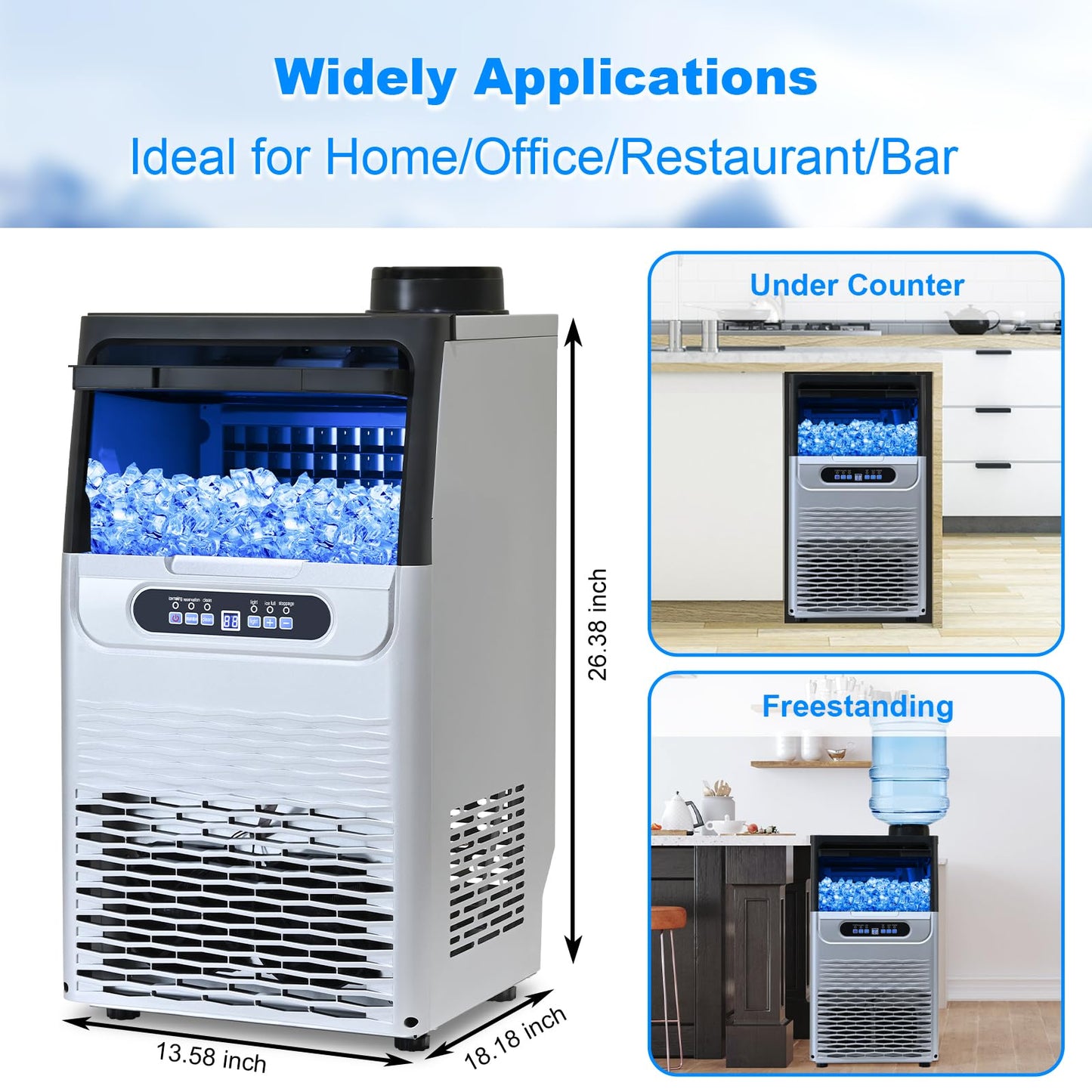 Amzgachfktch Commercial Ice Maker, 100lbs/24H Ice Maker Machine, 2 Water Inlet Modes, Ice Machine with 22lbs Storage, Auto Self-Cleaning, Under Counter/Freestanding Ice Maker for Home/Office/Shop/Bar