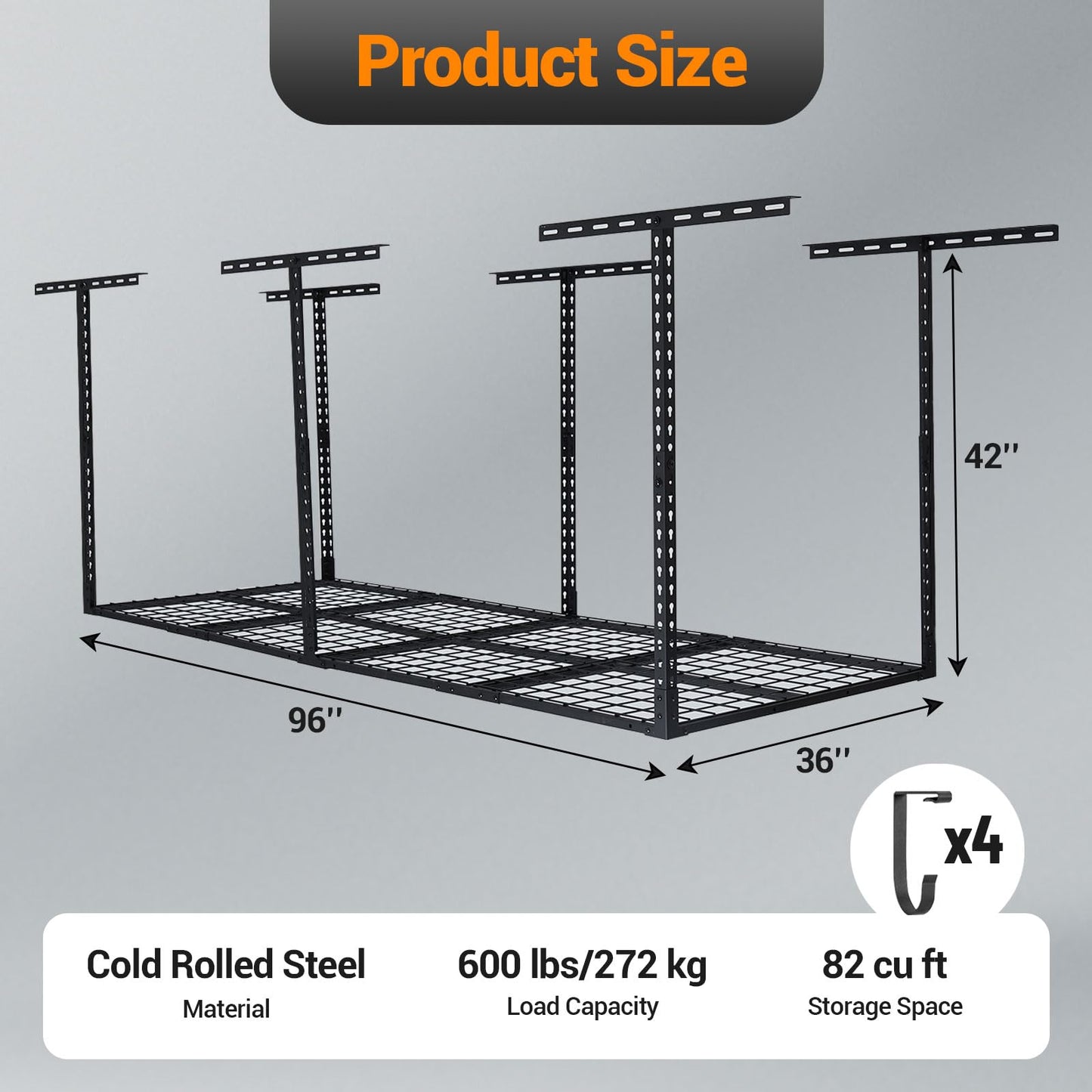 PioneerWorks Garage Ceiling Storage Racks, 96'' x 36'' Heavy-Duty Steel Garage Ceiling Rack with Space-Saving Design, Easy Installation, Adjustable Height, and Durable Finish for Garage