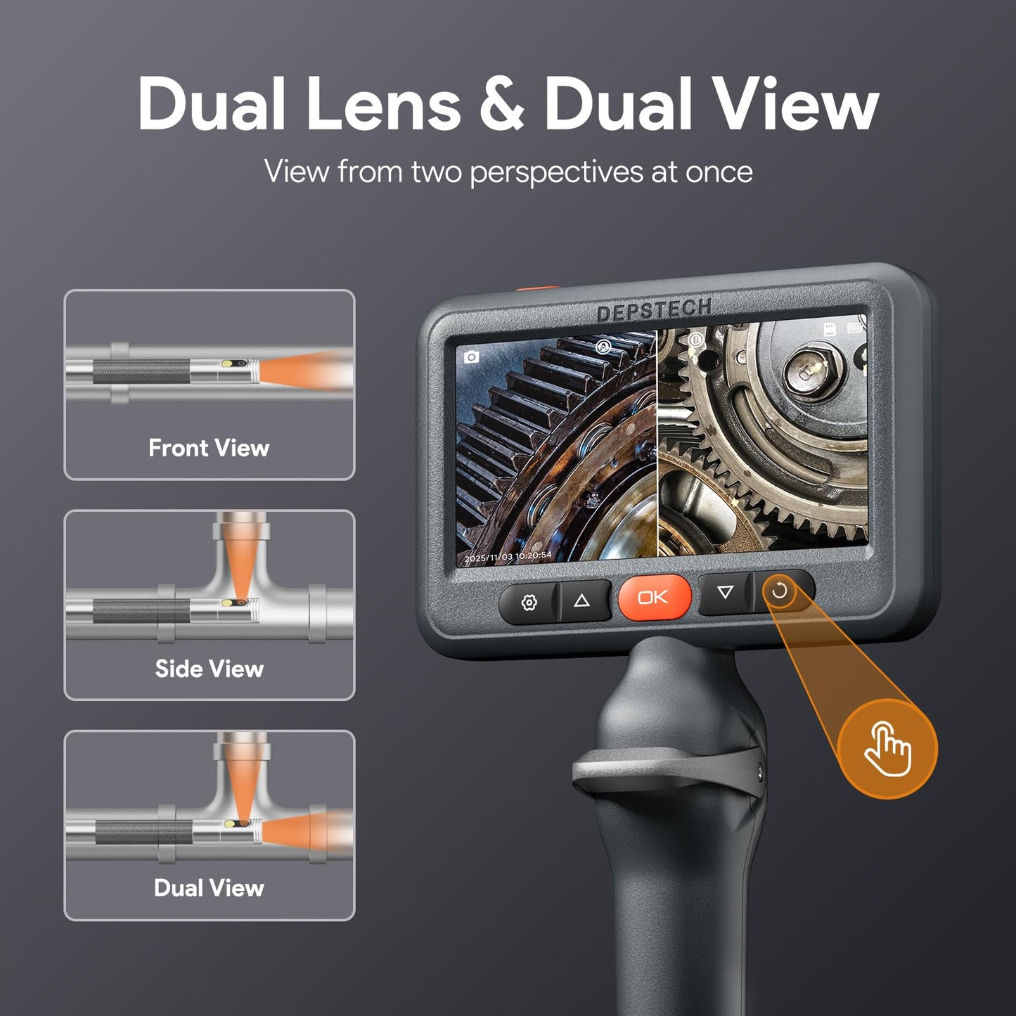 DEPSTECH Dual Lens Borescope Camera with Light, Two-Way Articulating Borescope, 5" IPS Dual View Endoscope with 0.33in Slim Probe, 1080P Waterproof Inspection Camera for Wall Auto Engine Inspect-5FT