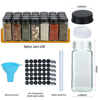 Spice Rack Organizer with 28 Spice Jars, Black Lids，Spice Labels, Chalk pen and Funnel Set for Cabinet, Countertop, Pantry, Cupboard or Wall Mount