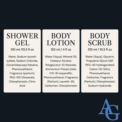 Adelegourdain Shower Kit Men, Bath and Body Gift Set For Him - Shower Gel, Body Scrub & Body Cream, Sandalwood & Cedar Scent, 3 pcs 720ml - Skin Care Kit Fathers Day Birthday Idea for Him