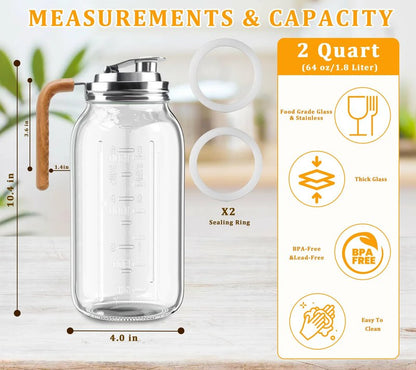 Glass Pitcher With Lid,304 Stainless Steel Lid,2 Seal Ring,64 oz(2 Quart/1.8 Liter),Mason Jar Cold Brew Water Iced Tea Brewing Breast Milk Pitcher,Sun Tea Glass Jar For Outside,Pitchers For Drinks