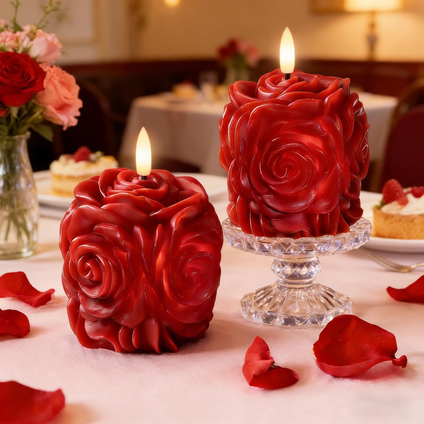 JOIONE Valentines Day Flameless LED Candles, Rose Shaped 3D Flickering Flame Battery Operated Candle with Remote, Romantic Candles for Date Night, Valentine's Day, Wedding and Home Décor, Red