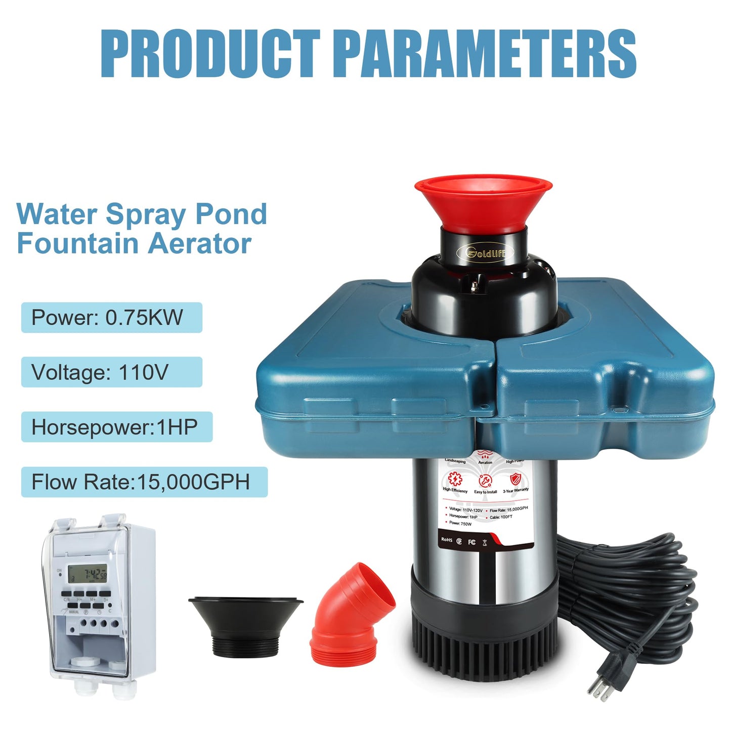 Goldlife Pond Fountain Aerator, F2-2 1HP 750W 110V Stainless Steel Floating Fountain With 100 Feet Power Cord, Timer, Aerating Fountain Pond Cascade Pump for Small Large Ponds Lake Jet System
