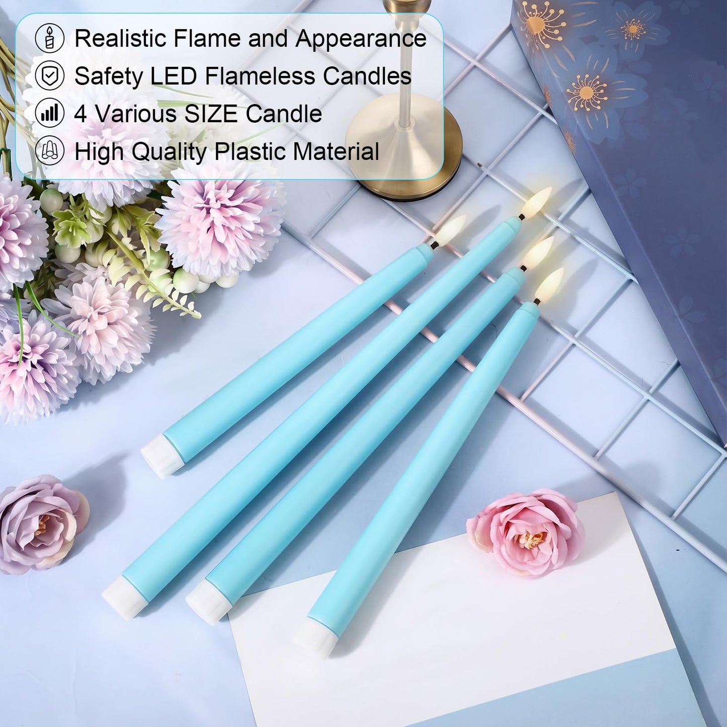 Rossesay 24 Pcs Flameless LED Taper Candles Battery Operated Candle 8.5", 9.65", 10.8", 12.8" Flameless Candlesticks Flickering for Christmas Church Wedding Indoor Decoration(Classic, Turquoise)