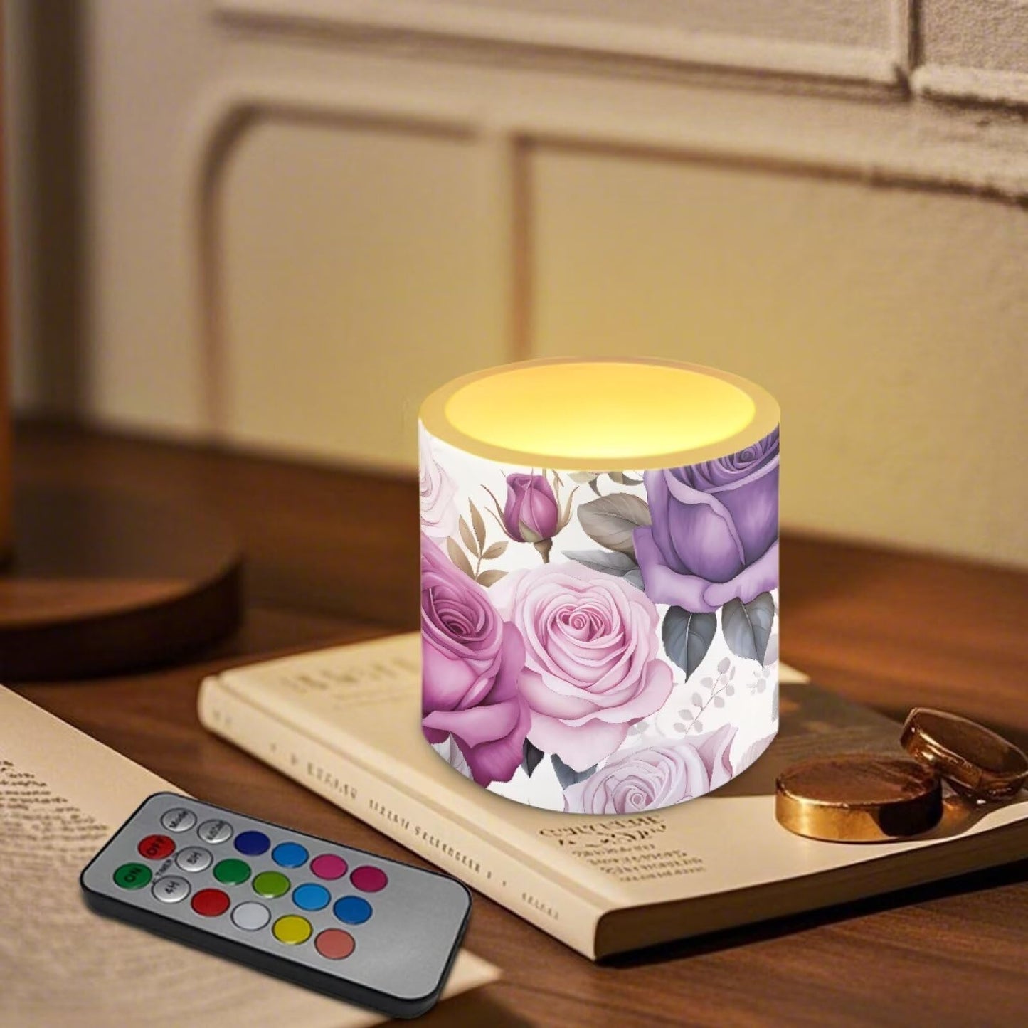 NETILGEN 4 Pieces Flameless LED Pillar Candles with Battery Operated Color Changing Flameless Candles with Timer Remote Purple Rose Flower Wedding Party Decor