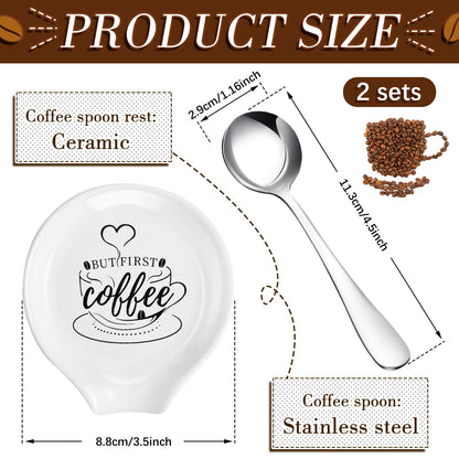 Gandeer 4 Pieces Coffee Spoon Rest and Teaspoon Funny Quote Ceramic Spoon Holder Rests for Station Decor Stove Top Countertop Kitchen Accessories Nice Present for Coffee Lovers