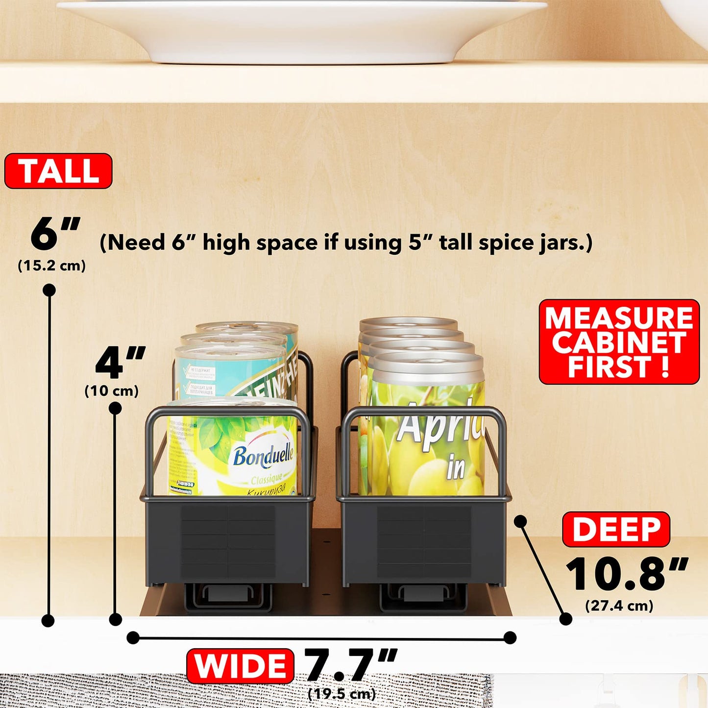 SpaceAid Pull Out Spice Rack Organizer for Cabinet, Heavy Duty Slide Out Seasoning Kitchen Organizer, Cabinet Organizer, with Labels, 5.2" W x10.75 D x10 H, 2 Drawers 2-Tier