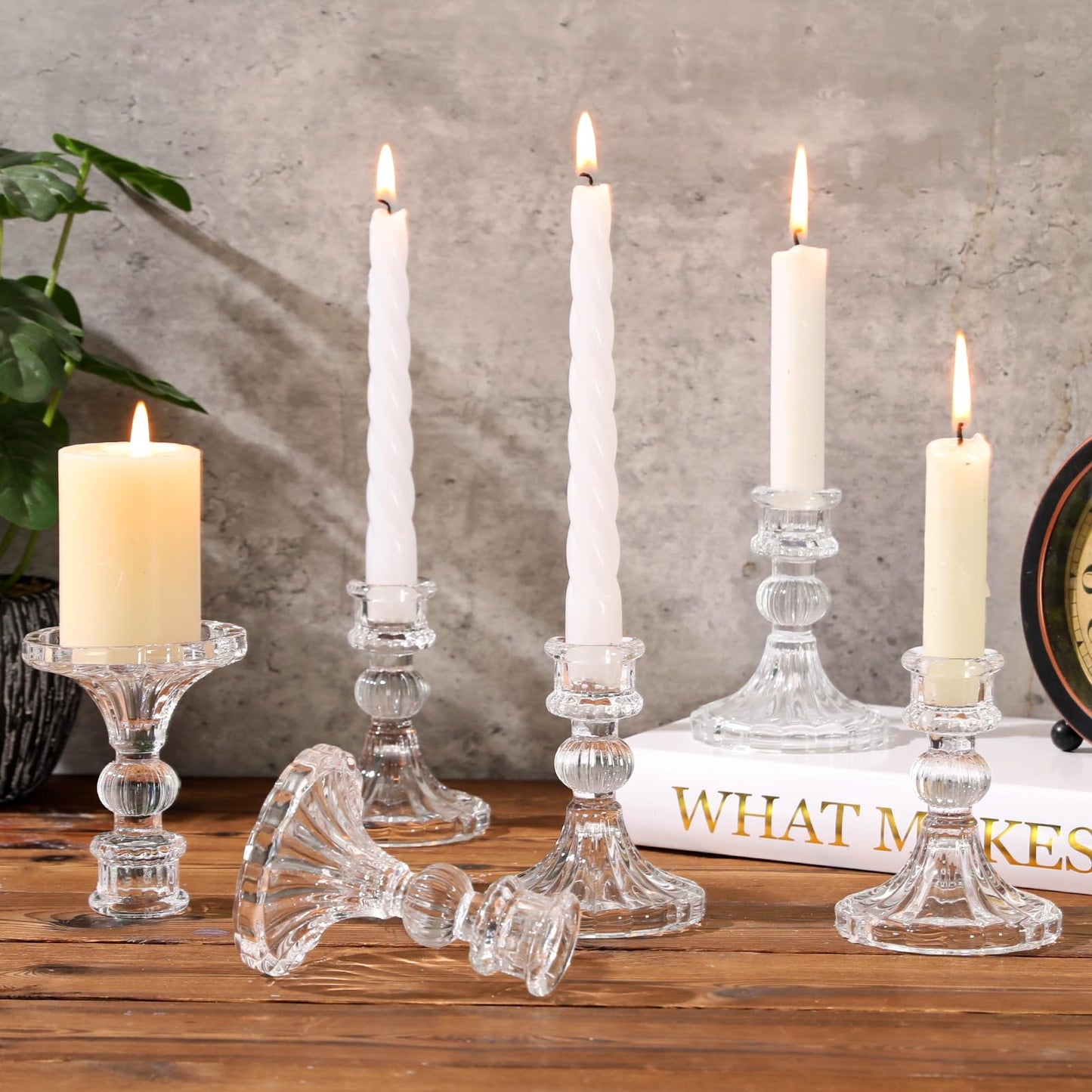 6 Pcs Clear Glass Taper Candle Holders – 4" Ribbed Candlestick Holders for Standard Candles | Elegant Centerpiece for Wedding, Party, Holiday & Home Decor