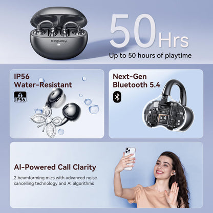 Kinglucky Jewelry-Inspired Clip-On Earbuds with Butterfly Earrings, Comfortable Fit & 50H Playtime Open Ear Bluetooth 5.4 Wireless Headphones for Women, Small Ears, Sports & Workouts (Black)