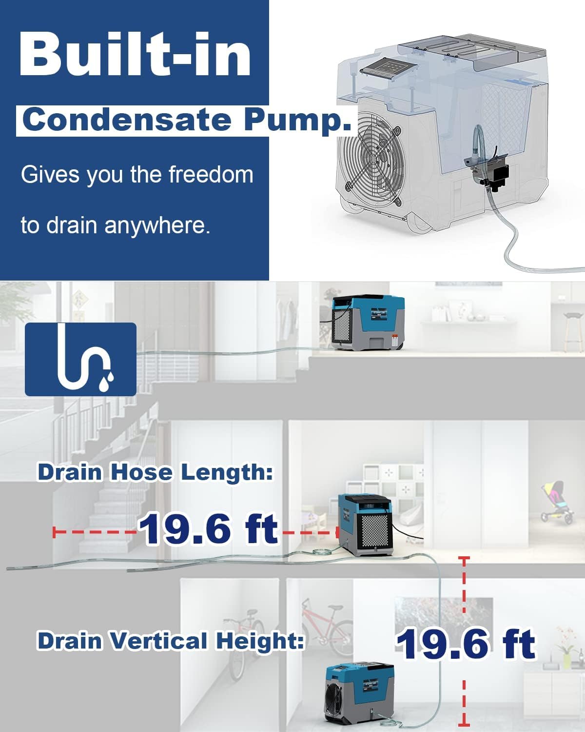 AlorAir 180 PPD LGR Commercial Dehumidifier with Pump, Heavy Duty Industrial Dehumidifiers Water Damage Restoration for Homes, Basements, Garages, Gym and Job Sites, Winter Storm (Blue)