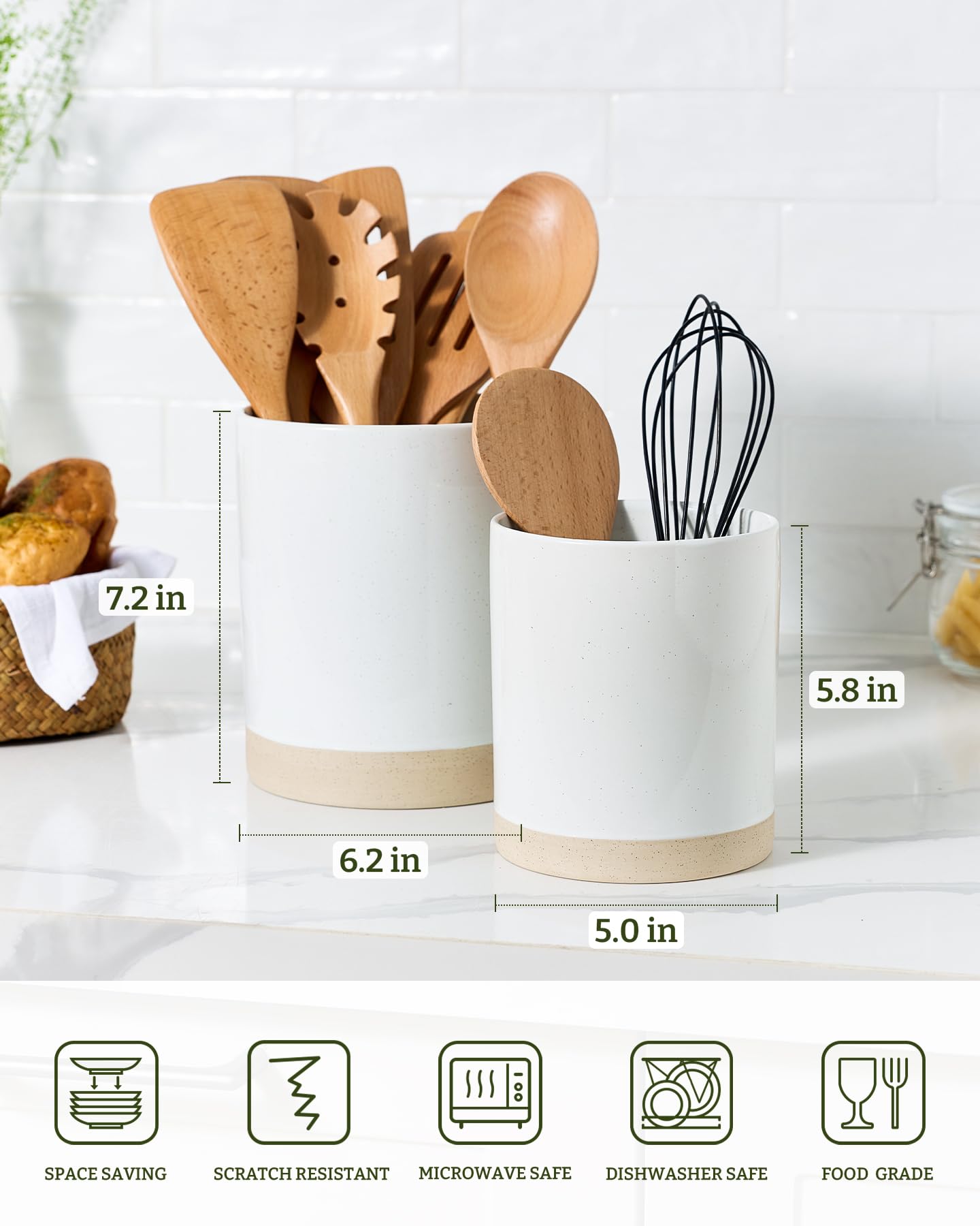 famiware Milkyway Kitchen Utensil Holder for Countertop, 7.2"+5.8" Ceramic Cooking Utensil Crocks for Counter, Utensil Organizer for Spatula & Spoon, Kitchen Decor, Set of 2, White
