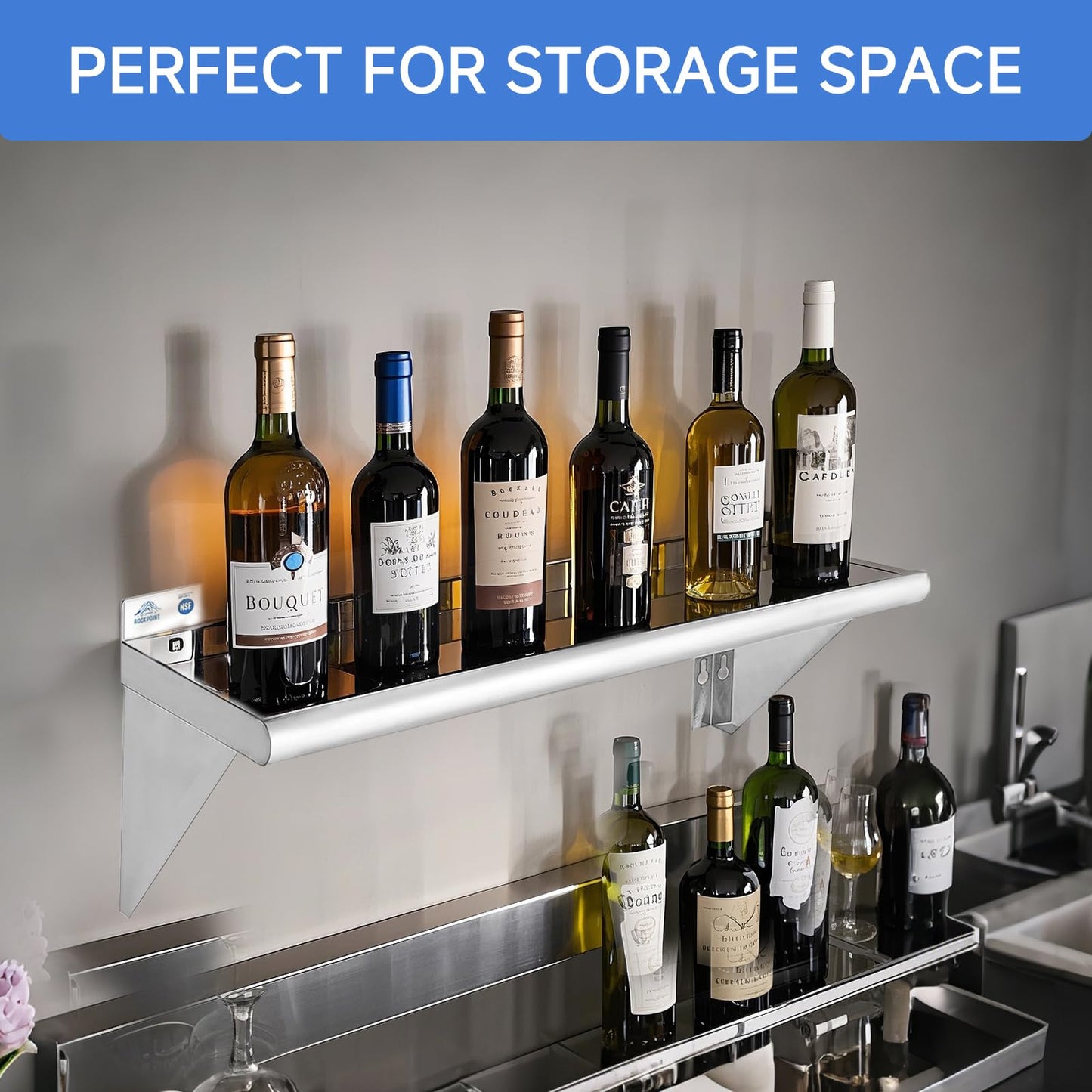 ROCKPOINT Stainless Steel Shelf 12 x 60 Inches 400lb, 2 Pack NSF Commercial Wall Mount Floating Shelving with Backsplash for Restaurant, Kitchen, Home and Hotel, Silver
