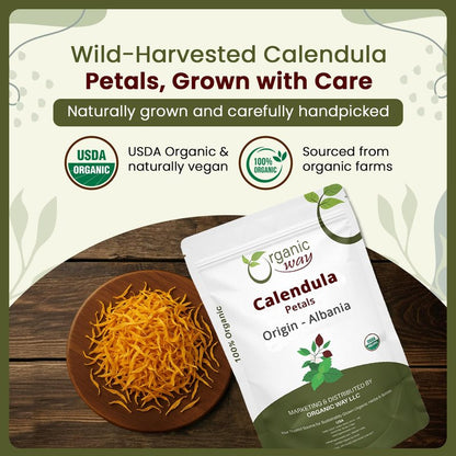 Organic Way Dried Calendula Flower Petals | Herbal Tea (Calendula officinalis) - European Wild-Harvest | Organic & Kosher Certified | Non GMO & Gluten Free | USDA Certified - Origin - Albania (2Oz)