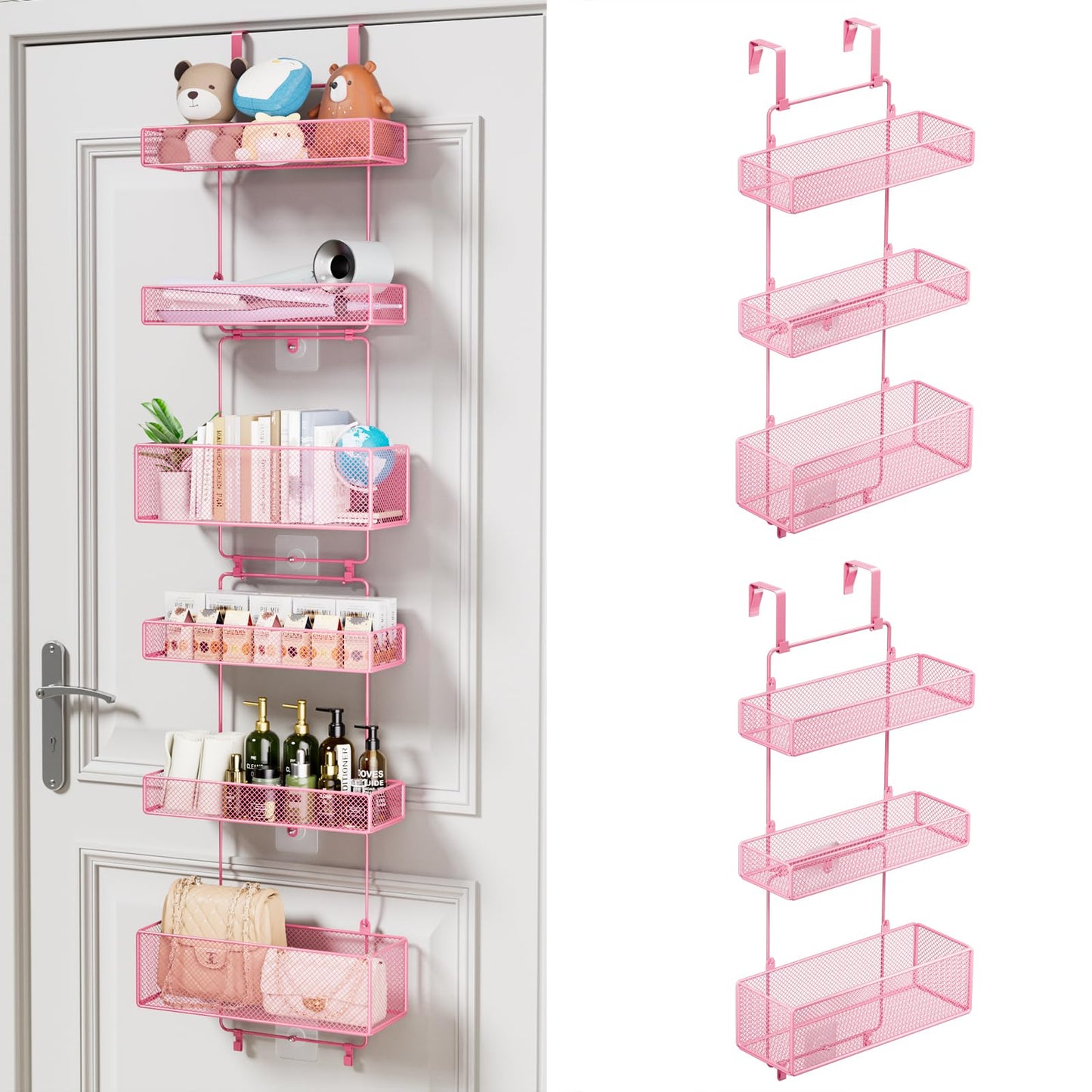 HapiRm Over Door Organizer Storage - Separable Door Organizer Hanging with 6 Metal Large Capacity Baskets for Bathroom Bedroom Kitchen Pantry Closet (Pink)