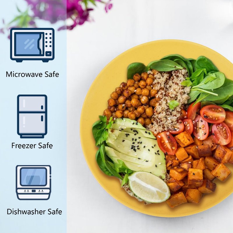 Homienly Flat Dinner Plates Set - 8 Microwave & Dishwasher Safe Wheat Straw Plates, Unbreakable, 9 inch Yellow