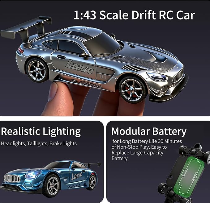 LDRC LD4301 1:43 Scale RC Drift Mini Car 2.4G Remote Control Car with Alloy Shell Built-in Gyroscope Mini Desktop Racing Vehicle for Indoor/Outdoor Play (Silvery)